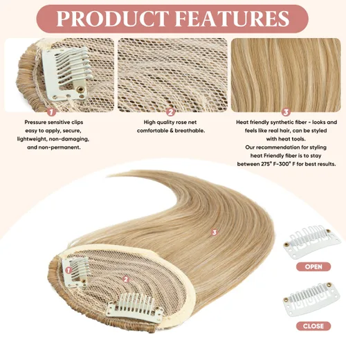 Vista 4 de SARLA Flequillo lateral negro marrón con clip en piezas de cabello sintético, extensión de flequillo recto para mujeres