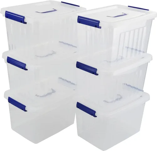 Vista 7 de Caja de almacenamiento de plástico transparente de 10 L, caja de almacenamiento con asa, paquete de 6