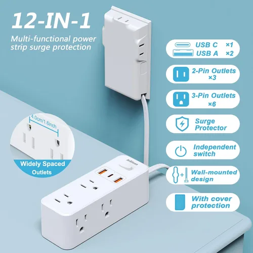 Vista 2 de Regleta protectora contra sobretensiones con cable de extensión plano, cubierta de tomacorriente, 6 salidas de CA