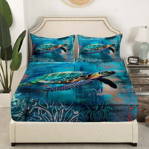 Vista 3 de Sábana bajera ajustable de tamaño individual para niños, diseño de animales marinos náuticos, juego de ropa de cama coral bajo el mar, juego de ropa