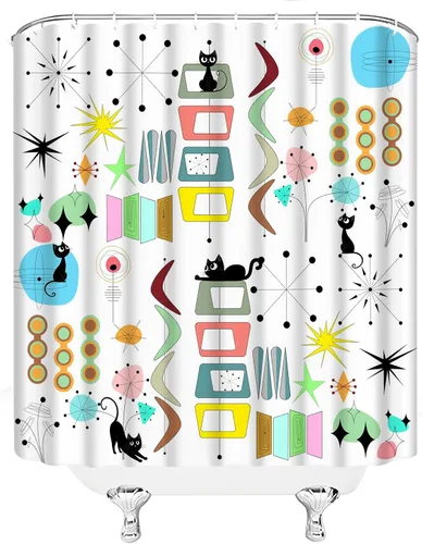 Vista 6 de Mid Century Modern Shower Curtain Black Cat Retro Atomic Sputnik Boomerangs Abstract Geometric Iconic 50s 60s Vintage Aesthetics Art Polyester