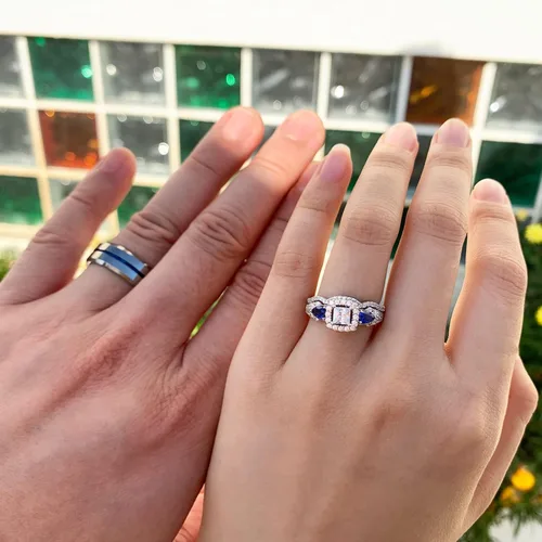 Vista 4 de Sheloves - Juego de anillos de boda para pareja, mujer, plata de ley con circonita cúbica para hombre, anillos de tungsteno azul para él y ella