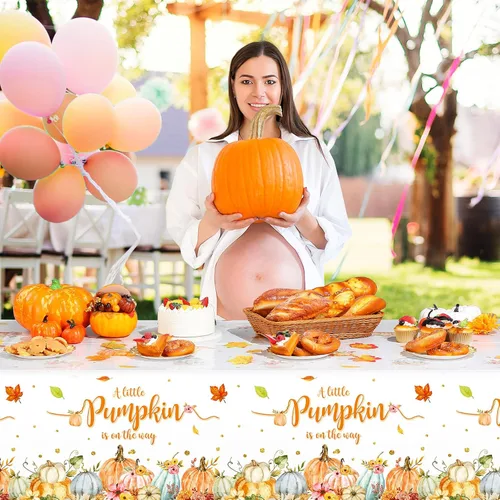 Vista 5 de WovWeave Paquete de 3 manteles de calabaza pequeña para decoración de fiesta de baby shower de otoño para niños y niñas, fundas de mesa para Acción