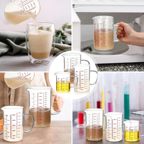 Vista 3 de Lallisa Juego de 3 tazas medidoras de vidrio de borosilicato alto con asa en forma de V, 4, 2, 1 taza y 3 escalas (onzas, taza, ml), para cocina