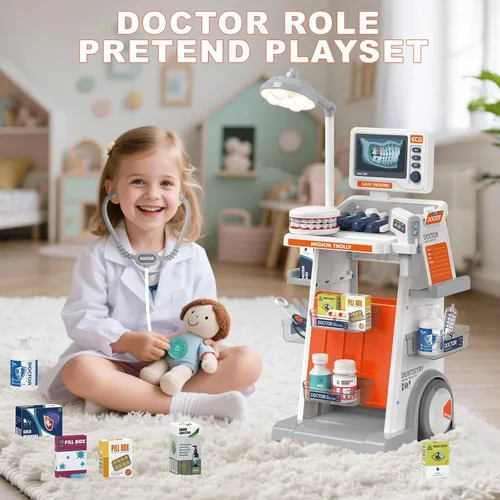 Vista 3 de RedCrab Kit de Doctor para Niños, Juego de Doctores para Niños de 32 Piezas con Carrito Médico, Estetoscopio, Termómetro y Jeringa, Juguete de Juego