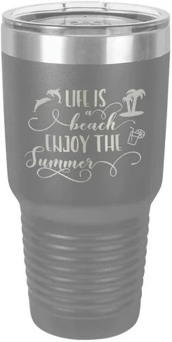 Vista 11 de La vida es una playa que disfruta el verano grabado de 30 oz vaso de acero con recubrimiento de polvo grabado láser taza de viaje de camello polar
