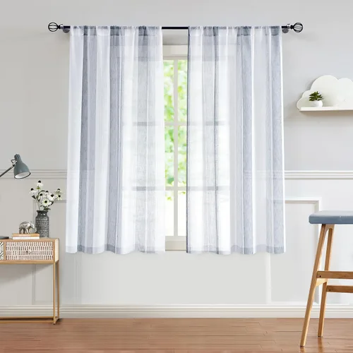 Vista 10 de Central Park Cortinas Transparentes de Rayas Beige y Blancas Estilo Granja de Lino Bouclé, Pares de Paneles de Cortina de Ventana Tejidos con Hilo