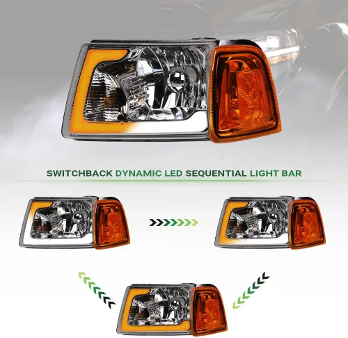 Vista 7 de Switchback - Barra de tubo LED secuencial con carcasa cromada, faros delanteros de cristal con lámparas de esquina de señal, reflector ámbar, 4
