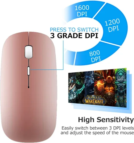 Vista 2 de Ratón inalámbrico Bluetooth de 2.4 GHz, modo doble, delgado, recargable, mouse inalámbrico silencioso USB, 3 DPI ajustables, compatible con laptop