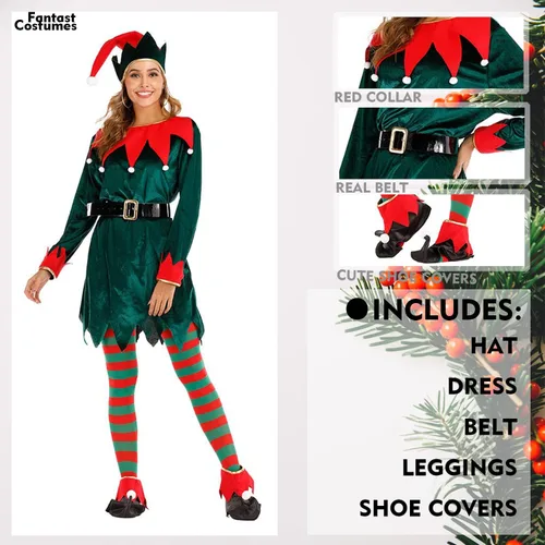 Vista 2 de FantastCostumes Disfraz de elfo navideño de lujo para mujer
