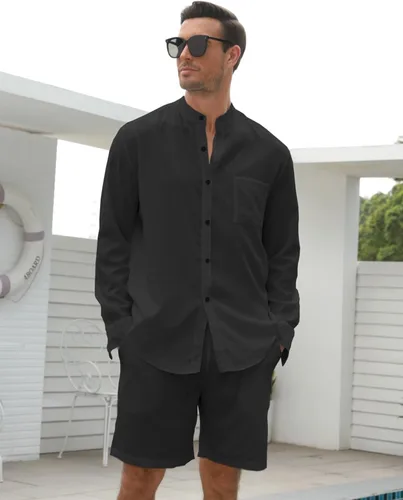Vista 4 de RPOVIG Conjuntos de lino para hombre, conjuntos de verano de 2 piezas, ropa de vacaciones en la playa, camisas casuales de manga larga, pantalones