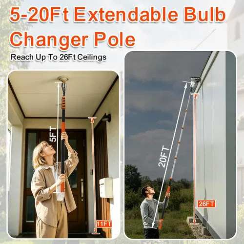 Vista 3 de Cambiador de bombillas telescópicas de 5 a 20 pies para techos altos con poste extensible, alcance de 26 pies con agarre de bombilla y herramienta