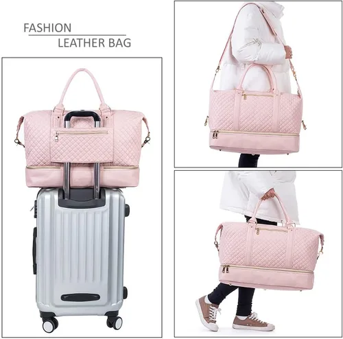 Vista 6 de Bolsa de viaje de cuero con bolsa para zapatos, bolsa de fin de semana, impermeable, de piel sintética, grande, bolsa de viaje para hombres o mujeres