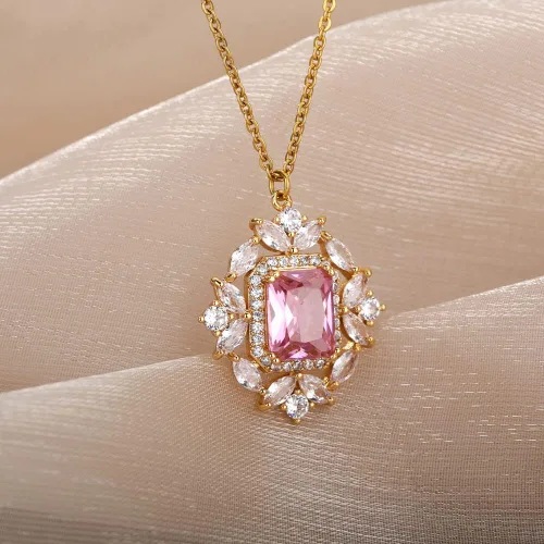 Vista 2 de LoyJoy - Collar clásico de océano para mujer collar con colgante geométrico de diamantes de imitación azul y rosa joyería fina para fiesta