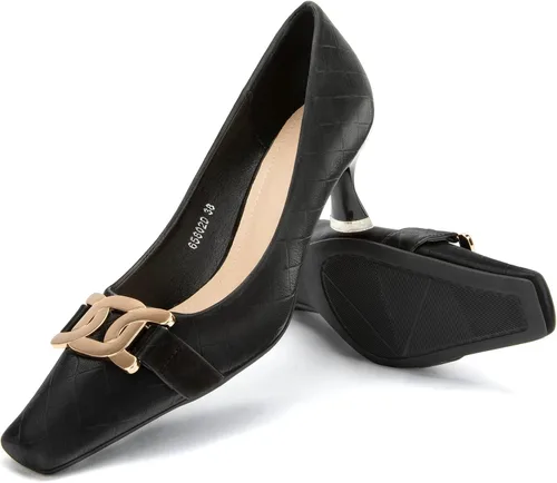 Vista 2 de Zelaprox Zapatos de tacón cuadrado cerrados para mujer, tacón bajo de gatito, de metal a la moda, sin cordones, para boda, fiesta, zapatos cómodos