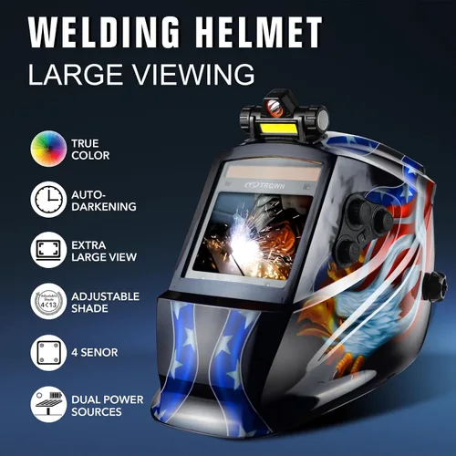 Vista 2 de TRQWH Welding Helmet Auto Darkening Large Viewing True Color Solar Powered Welding Mask with 4 Arc Sensor Adjustable Wide Shade Range 4~5-8/9-13