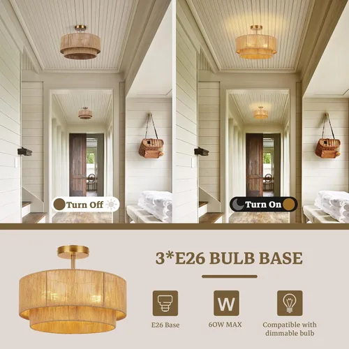 Vista 4 de Lámpara de techo semiempotrada de 16'', accesorios de iluminación bohemios, lámpara de techo empotrada de cuerda de cáñamo costera de 3 luces