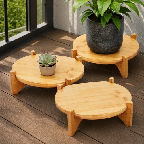 Vista 6 de Pumtus Paquete de 2 soportes pequeños para plantas, soporte de madera para macetas de interior, soporte desmontable de bambú para macetas