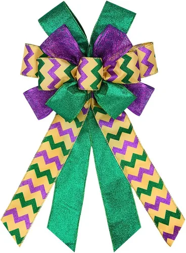Vista 5 de ABTOLS Lazos de corona de Mardi Gras, lazos verdes y morados con purpurina para corona para fiesta de carnaval, lazos decorativos de lentejuelas
