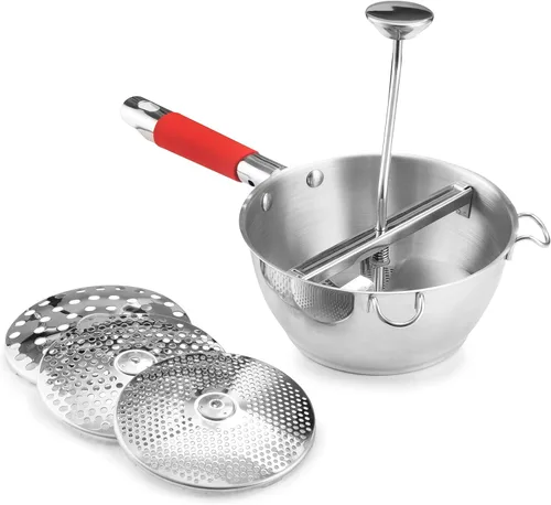Vista 8 de Molino de alimentos de acero inoxidable – 3 discos de molinillo de alimentos – Enricer de patatas para puré de papas – Manivela de mano