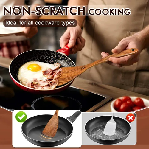 Vista 4 de Cucharas de madera para cocinar, 6 piezas, juego natural de utensilios de cocina de madera de teca, juego de utensilios de cocina con mango largo