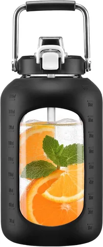 Vista 7 de WINSA - Botella de agua de vidrio de 84 onzas con pajita, 2.5 litros, ámbar Botella de beber de galón, con asa, funda de silicona para deportes
