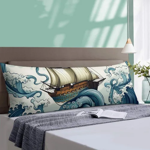 Vista 4 de Funda de almohada corporal de pulpo con barco, vela vieja en olas del océano, funda de almohada corporal de 20 x 54 pulgadas, funda de almohada