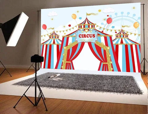 Vista 5 de Art Studio Telón de fondo de fotografía de fiesta de cumpleaños para niños, cielo azul, rojo y blanco, a rayas, rueda de la fortuna, baby shower