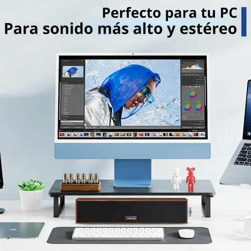 Vista 7 de Uakinat Altavoces de computadora, altavoz digital multimedia de madera, altavoces PC USB con alimentación de 3.5mm AUX, barra de sonido portátil