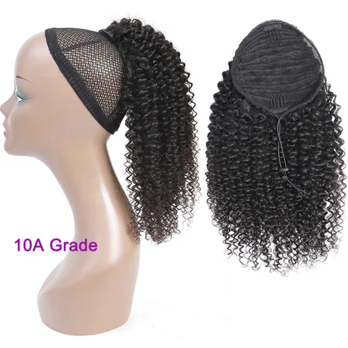 Vista 5 de Cola de caballo de cabello humano rizado con cordón brasileño Remy Extensin 3C Kinky Curly Hair Clip en pieza de pelo color natural sedoso suave 10