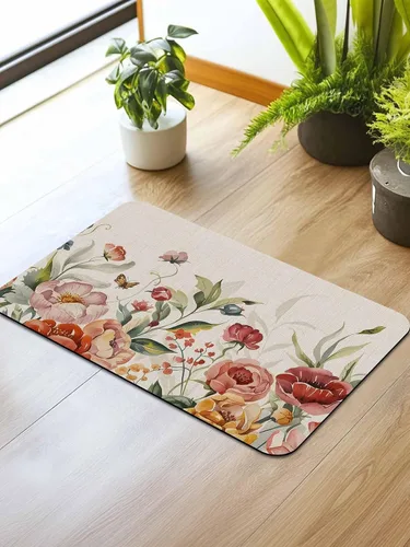 Vista 2 de Tapete de baño con flores retro para bañera, antideslizante, de secado rápido y absorbente, tierra de diatomeas, fregadero de cocina, ducha