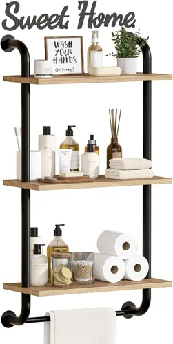 Vista 10 de Tinpin Estantes de baño montados en la pared, estantes rústicos de tubería de granja, estantes de pared de 2 niveles, estantería de tubo industrial