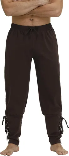 Vista 3 de Parlsdy Disfraz renacentista para hombre, pantalones vikingos, color marrón, mezcla moderna histórica, pantalones cargo talla XS, S, M, L, XL, 2XL