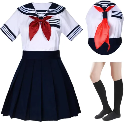 Vista 2 de Uniforme marinero azul de manga corta para jóvenes de escuela japonesa, vestidos para fiestas de disfraces con falda plisada tipo animé japonés