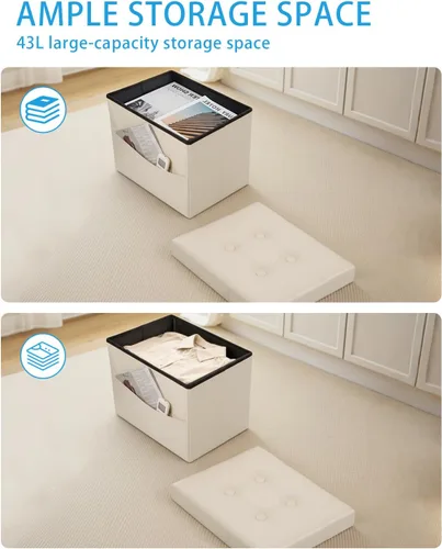 Vista 5 de Otomana con taburete de almacenamiento, otomana plegable de almacenamiento de 17 pulgadas, reposapiés tapizado de cuero con bolsillos laterales