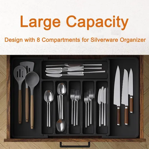Vista 2 de Organizador de cajones de cubiertos, organizador de utensilios profundos expandible para cajones de cocina (13-22.4 x 15 pulgadas, negro)