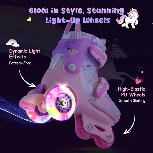 Vista 3 de Patines para niños pequeños (unicornio arcoíris, XS) + juego de equipo de protección rosa con bolsa de cordón (S)