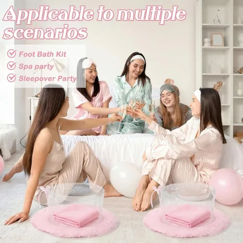 Vista 4 de HunnmingRe Kit de spa de pies de 18 piezas para fiesta de pijamas de spa rosa, suministros de fiesta con 6 pies plegables y 6 toallas y 6 tapetes a