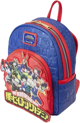 Vista 4 de Loungefly My Hero Academia Group Debossed Logo Mini Mochila Anime, Azul Rojo, Mini mochila
