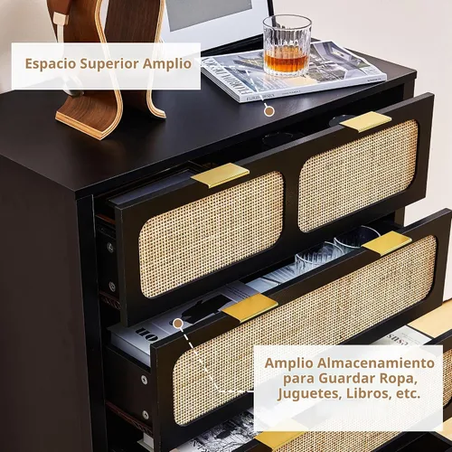 Vista 5 de LEVNARY Juego de 2 aparadores de 4 cajones, armario de almacenamiento de ratán con asas de metal, cómoda de madera para dormitorio, entrada, sala
