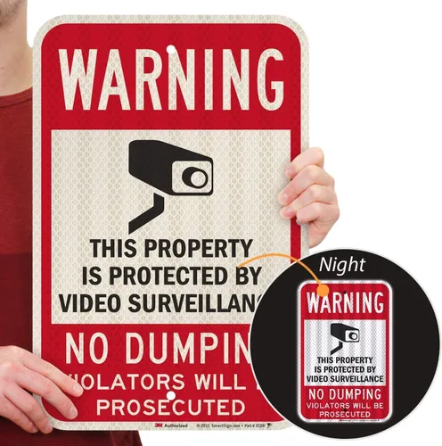 Vista 2 de SmartSign señal de seguridad, leyenda: "Warning: Video Surveillance No Dumping" en colores negro y rojo sobre blanco, 1