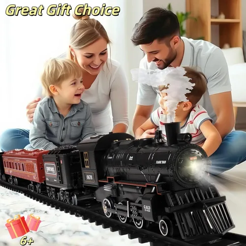 Vista 4 de Mantfuty - Juego de tren de juguetes para niños con humo, luces y sonido, trenes eléctricos con locomotora de vapor, vagones de tren y pistas