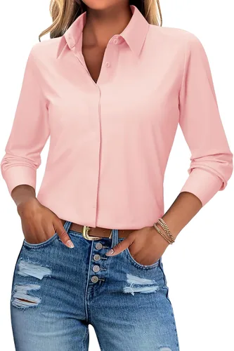 Vista 5 de siliteelon Camisas de vestir con botones para mujer, blusas de manga larga, elásticas, ajustadas, sin arrugas, cuello para el trabajo