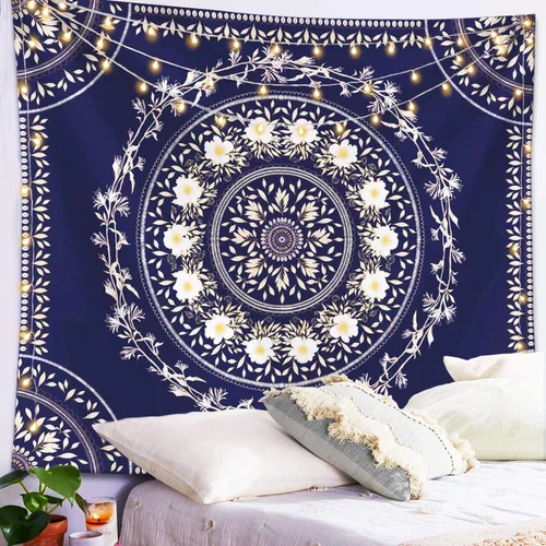 Vista 4 de Lifeel - Tapiz bohemio azul para colgar en la pared, tapiz hippie de mandala, medallón floral con diseño de corona estética blanca, manta decorativa
