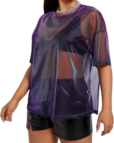 Vista 3 de Kyerivs Camiseta de malla metálica, talla grande, manga corta, transparente, blusa para concierto, traje de rave para mujer