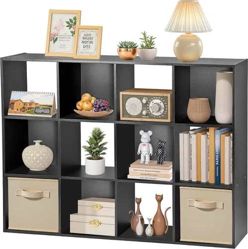 Vista 10 de JupiterForce Organizador de almacenamiento de 9 cubos, estante de exhibición de madera con 5 paneles traseros removibles, estantería de libros