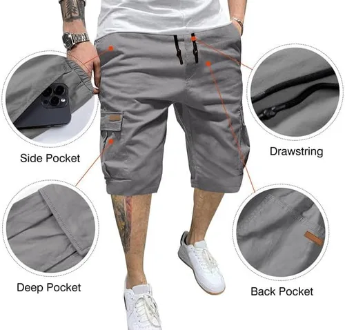 Vista 7 de JMIERR Pantalones cortos de sarga para hombre con cordón de algodón clásico elástico con 6 bolsillos