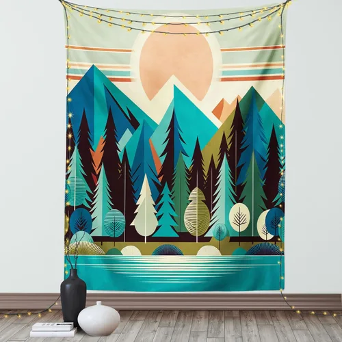 Vista 145 de Ambesonne Tapiz Trippy, vista panorámica de la cascada con bosques de ensueño y mandala oriental psicodélico, decoración de tela para colgar