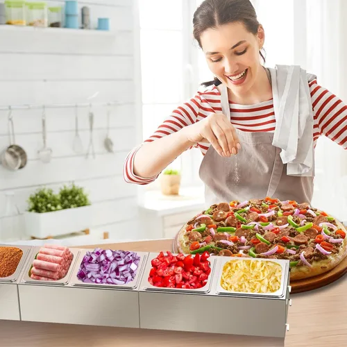 Vista 6 de Estación de cobertura de pizza para mesa de horno de pizza, recipiente de pizza de acero inoxidable con 6 recipientes de condimentos con tapas