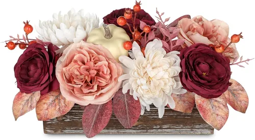 Vista 16 de DILATATA Arreglo floral con jarrón de madera, flores artificiales de 10 pulgadas en maceta, flores falsas en jarrón rectangular de madera blanco